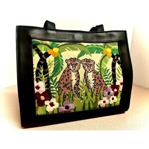 Lee's Needlepoint Art Leopard Handmade Embroidered Collectible Leather Purse Bag
